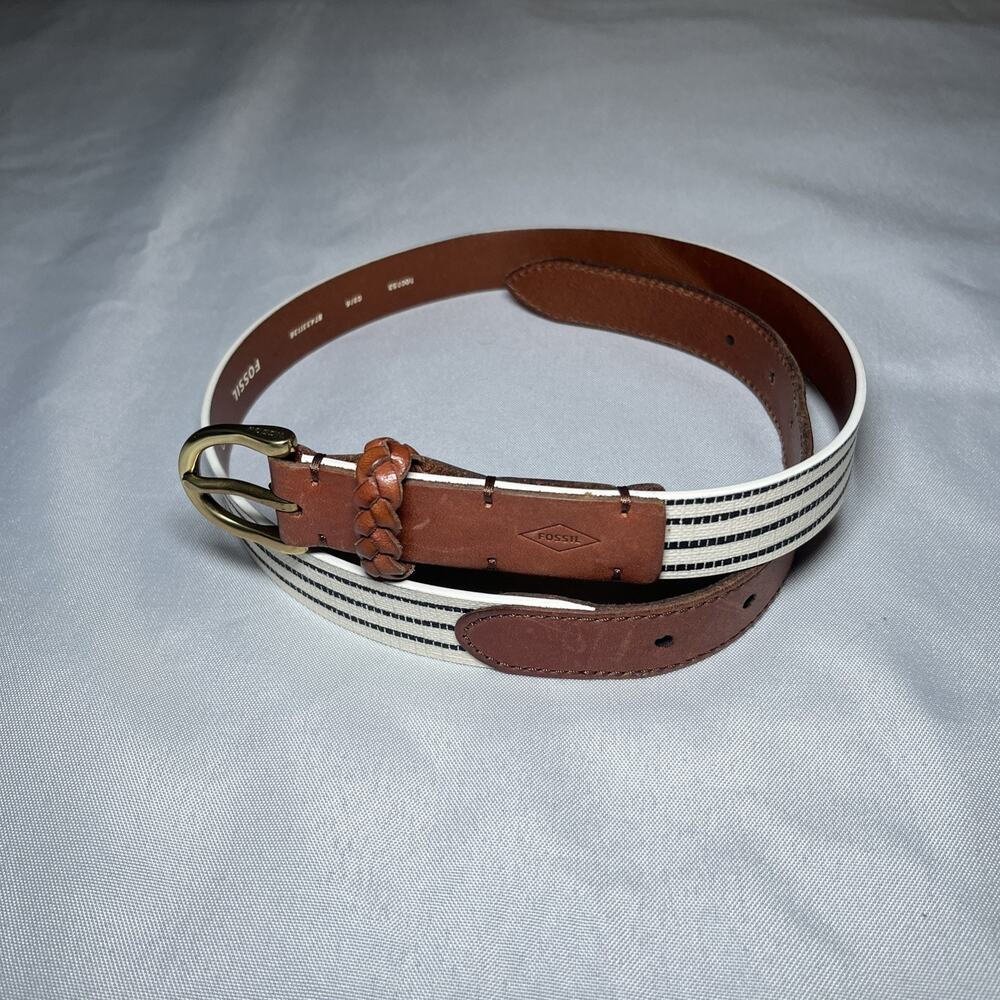Women's Fossil Belt Cream Blue Stripe w/ Brown Leather Accent Size S EUC